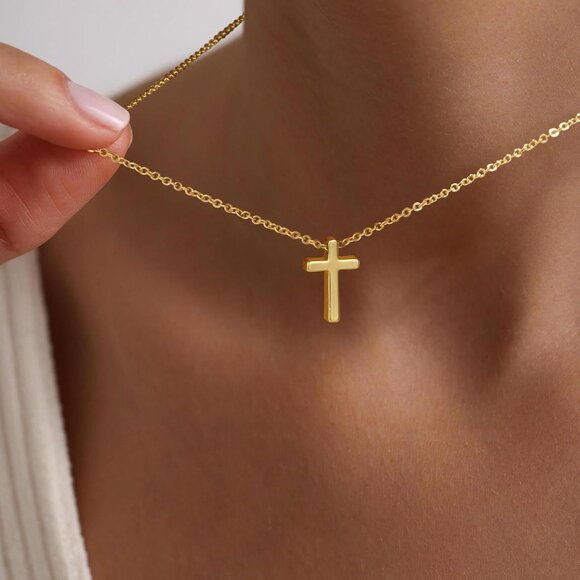 Hypoallergenic Layered Beaded Cross Necklace - Gold Plated with CZ Accents - Picture 4 of 7